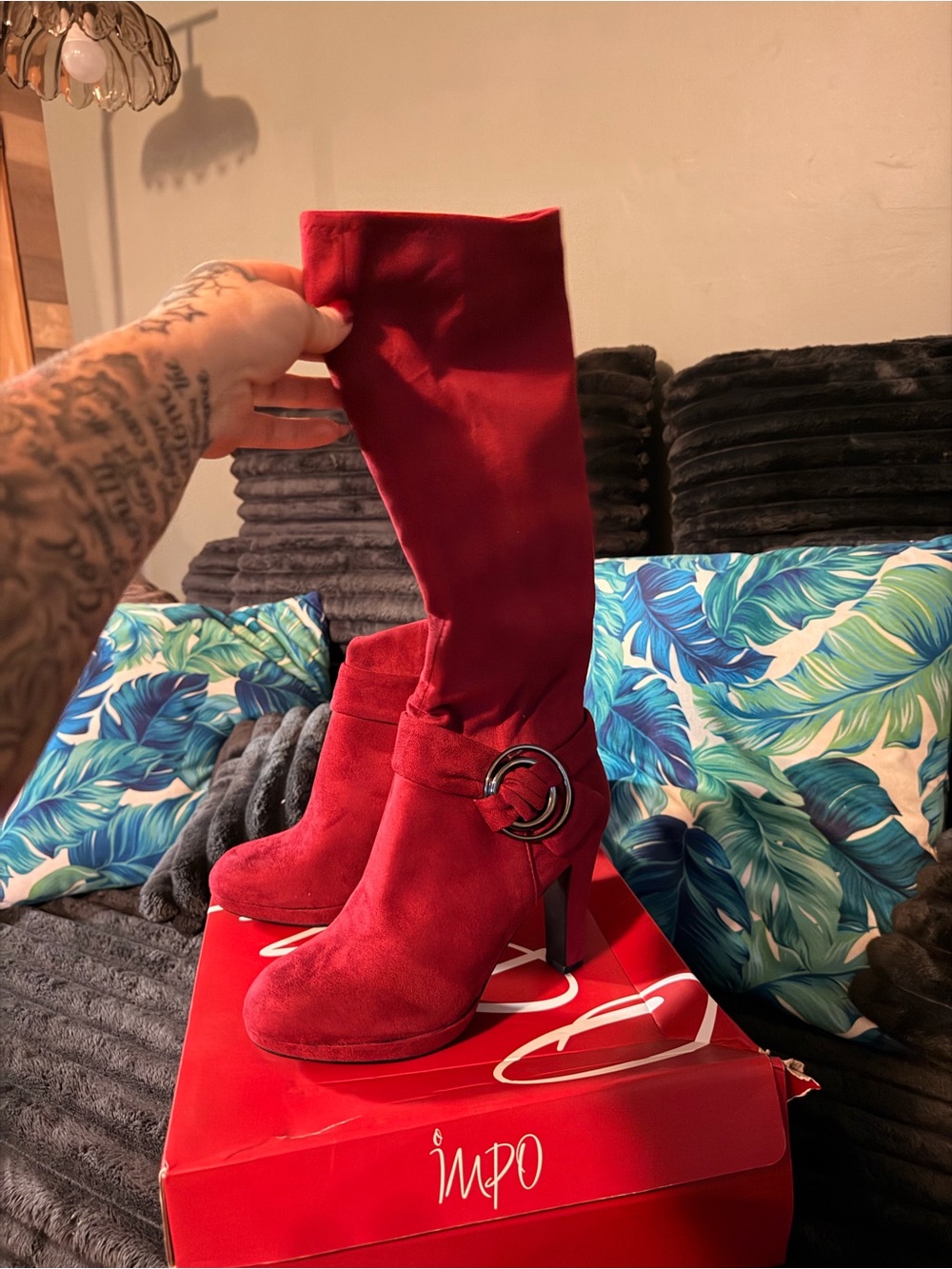 Impo Red Knee-High Heeled Boots with Decorative Buckle